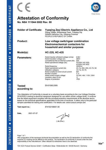 Cina YueQing ZEYI Electrical Co., Ltd. Certificazioni
