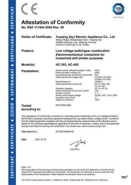 Cina YueQing ZEYI Electrical Co., Ltd. Certificazioni